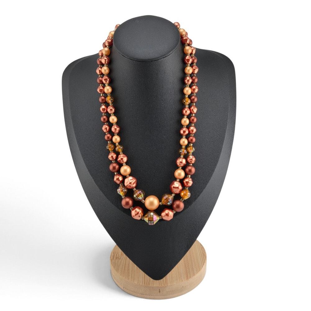 Vintage Hong Kong Copper Bronze Faux Pearl Multi Strand Necklace 1960s 1970s